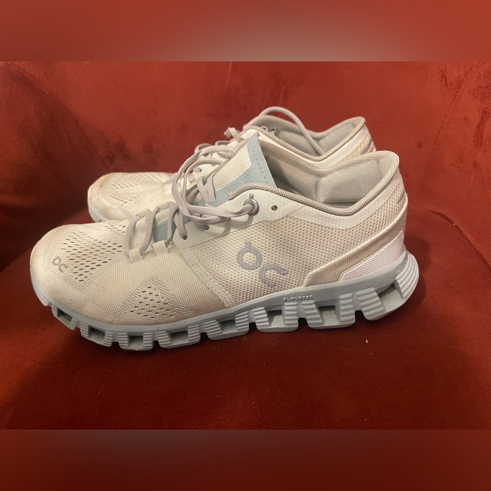 On Running Cream and Gray Athletic Shoes